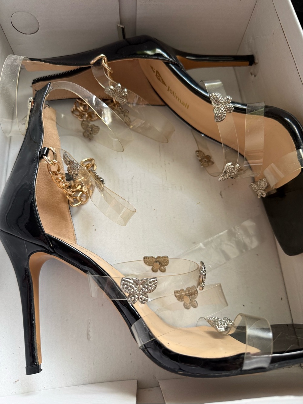 NEW Black Patent Stiletto Sandals with Clear Straps Butterfly Accents